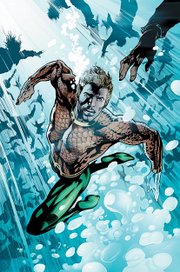 The cover to Aquaman (volume 4) #15, which displays his current costume. Art by Alan Davis.