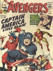 The cover of The Avengers #4 by Jack Kirby and George Roussos. From left: The Wasp, Ant-Man, Captain America, Iron Man, Thor